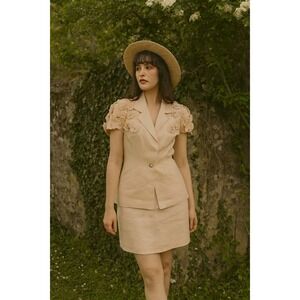 Vintage Lillie Rubin 2 piece linen blush pink 3D floral cottagecore skirt suit 4